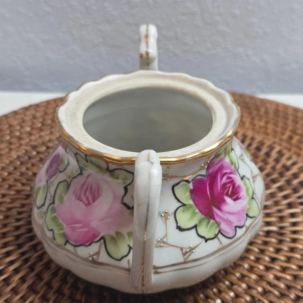Antique 1890s Nippon Hand Painted Rose Porcelain Creamer & Sugar Bowl Set No Lid
